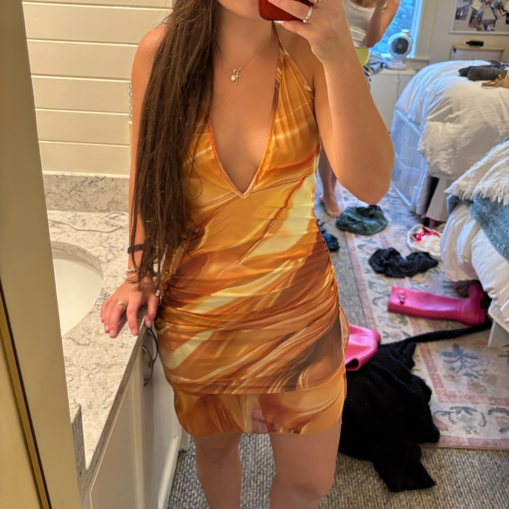 Mini orange and yellow bodycon dress